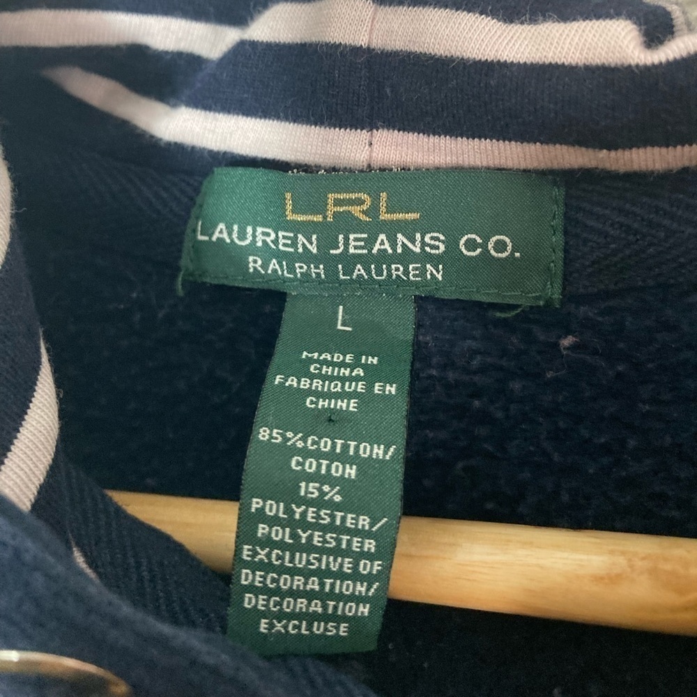 LRL Lauren Jeans Co Ralph Lauren nautical logo zip up hood sweater striped L - Picture 3 of 6